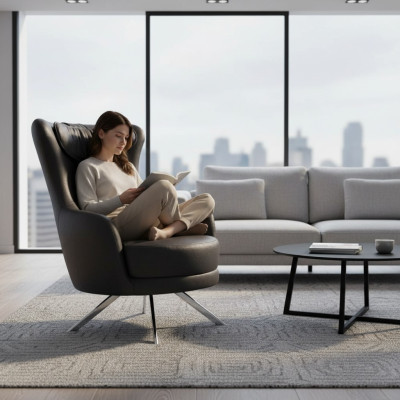 Fauteuil à aile en cuir noir Salon Mobilier de luxe Une place