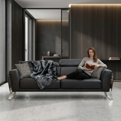 Sofa design noir à trois places pour salon, en cuir de luxe, mobilier trois places