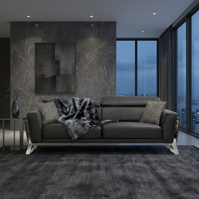 Sofa design noir à trois places pour salon, en cuir de luxe, mobilier trois places