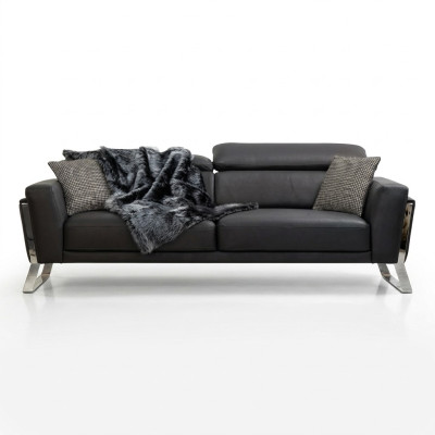 Sofa design noir à trois places pour salon, en cuir de luxe, mobilier trois places