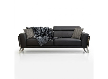 Sofa design noir à trois places pour salon, en cuir de luxe, mobilier trois places