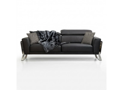 Sofa design noir à trois places pour salon, en cuir de luxe, mobilier trois places