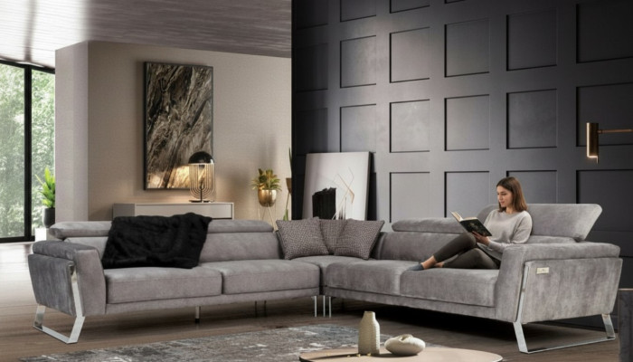 Salon gris Canapé d'angle en forme de L Grand canapé en tissu Mobilier de luxe neuf
