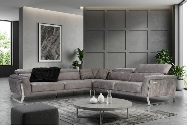 Salon gris Canapé d'angle en forme de L Grand canapé en tissu Mobilier de luxe neuf
