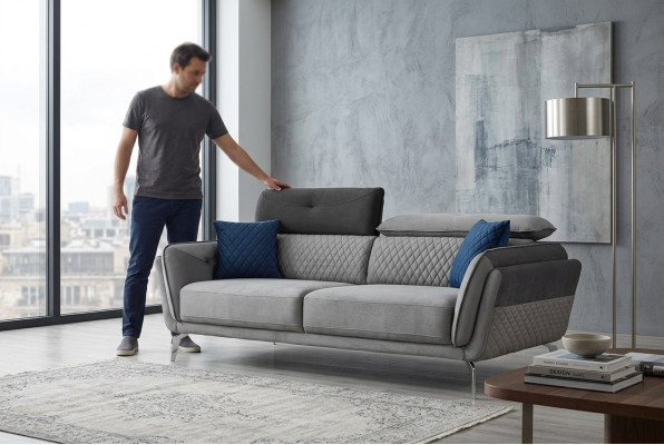 Canapé en tissu gris, luxueux canapé rembourré moderne à trois places en tissu