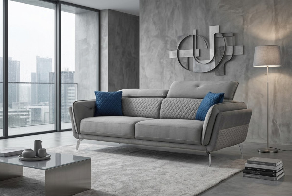 Canapé en tissu gris, luxueux canapé rembourré moderne à trois places en tissu