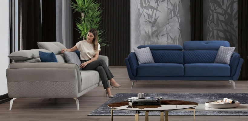Designer Set de canapé rembourré en tissu gris bleu de luxe 2 x 3 places