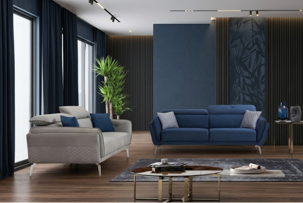 Designer Set de canapé rembourré en tissu gris bleu de luxe 2 x 3 places