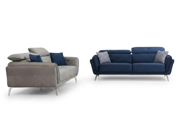 Designer Set de canapé rembourré en tissu gris bleu de luxe 2 x 3 places