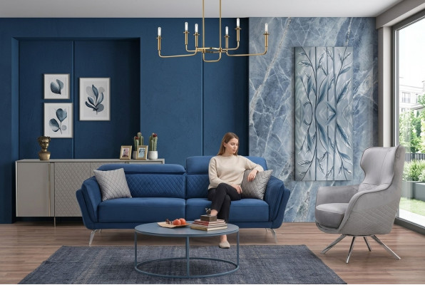 Ensemble de canapés raffiné Bleu trois places Fauteuil design Mobilier rembourré