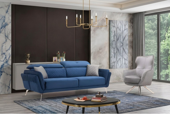 Ensemble de canapés raffiné Bleu trois places Fauteuil design Mobilier rembourré