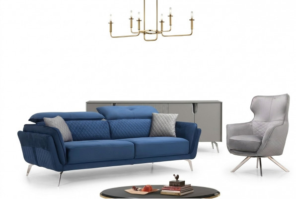 Ensemble de canapés raffiné Bleu trois places Fauteuil design Mobilier rembourré