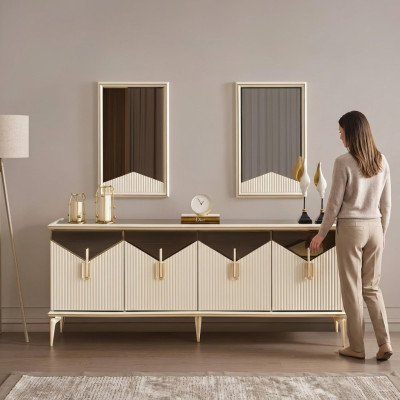 Buffet de luxe Armoire Buffet Commode Armoire en bois Bois Beige Or