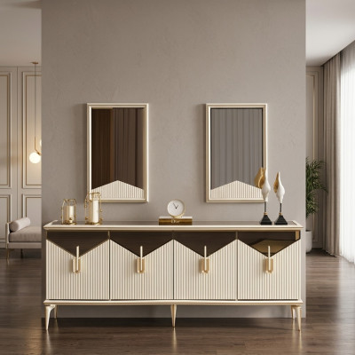 Buffet de luxe Armoire Buffet Commode Armoire en bois Bois Beige Or