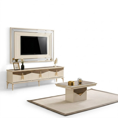 Meuble télévision murale beige en trois pièces, comprenant un meuble mural, un support pour télévision, une table basse et un meuble bas doré.