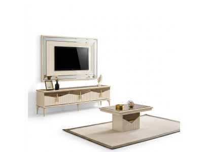 Meuble télévision murale beige en trois pièces, comprenant un meuble mural, un support pour télévision, une table basse et un meuble bas doré.
