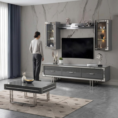 Unité murale, support TV, table basse de barrière, meuble TV, buffet bas gris ensemble 3 pièces