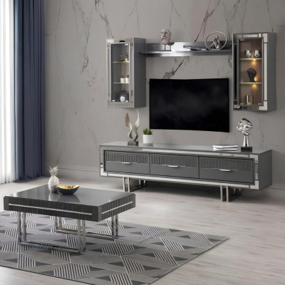 Unité murale, support TV, table basse de barrière, meuble TV, buffet bas gris ensemble 3 pièces