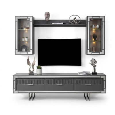 Unité murale, support TV, table basse de barrière, meuble TV, buffet bas gris ensemble 3 pièces