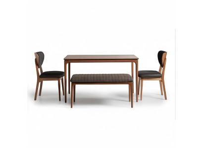 Ensemble de salle à manger en bois Table à manger Chaises 6 pièces Marron Tabouret de salle à manger en tissu
