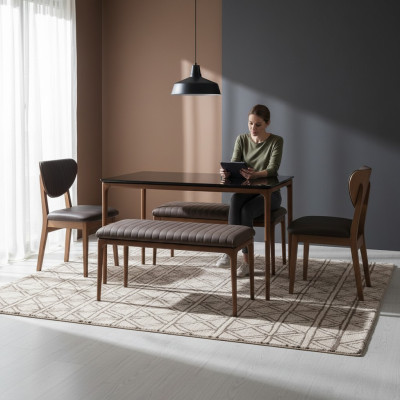 Suite Salle à manger Table à manger Bois Chaises 4pcs Marron Tabouret de salle à manger Tissu