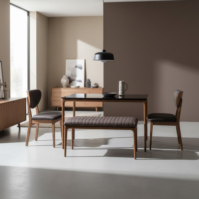 Suite Salle à manger Table à manger Bois Chaises 4pcs Marron Tabouret de salle à manger Tissu