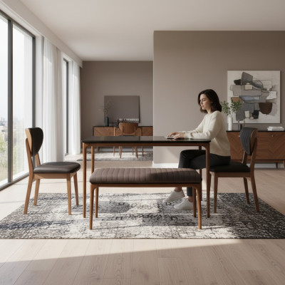 Dinette Jeu de salle à manger Salle à manger Table de salle à manger Chaises 6pcs Tabouret Marron Tissu Bois
