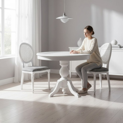 Ensemble salle à manger de luxe Salle à manger Table ronde en bois 3 chaises en tissu blanc