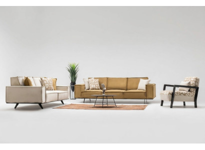 Ensemble de canapé en tissu : canapé quatre places, canapé deux places, fauteuil, canapé marron.