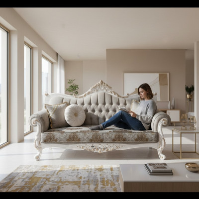 Canapé classique avec design Chesterfield pour le salon Intérieur gris.