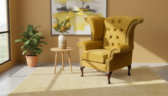 Fauteuil à ailes Jaune Design Rembourrage Canapé Chesterfield Textile de Luxe