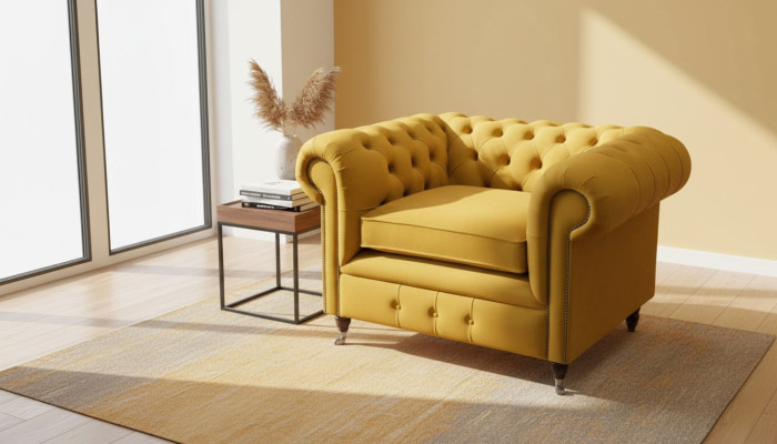 Fauteuil Design Détente Tissu Salon Luxe Jaune Rembourrage Chesterfield