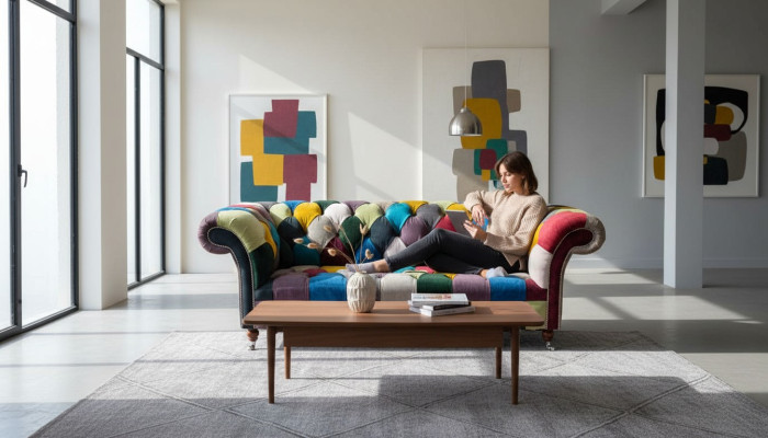 Canapé Chesterfield en tissu multicolore pour le salon