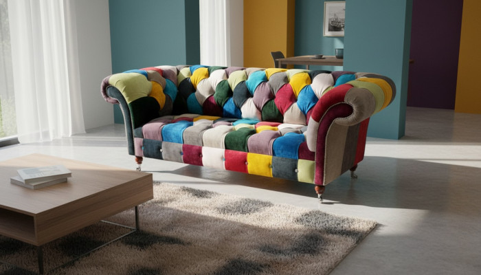 Canapé Chesterfield en tissu multicolore pour le salon