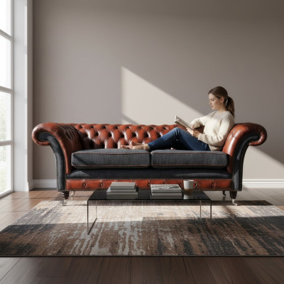 Moderne Design Wohnzimmer Sofa 3-Sitzer Braune Chesterfield Couch Lederbezug Textil neu