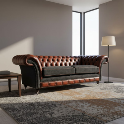 Moderne Design Wohnzimmer Sofa 3-Sitzer Braune Chesterfield Couch Lederbezug Textil neu
