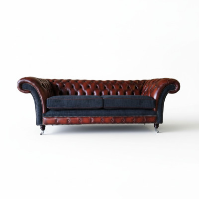 Moderne Design Wohnzimmer Sofa 3-Sitzer Braune Chesterfield Couch Lederbezug Textil neu