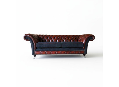 Moderne Design Wohnzimmer Sofa 3-Sitzer Braune Chesterfield Couch Lederbezug Textil neu