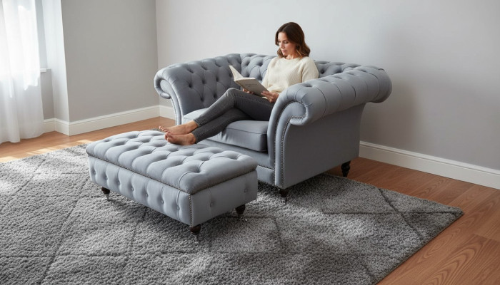 Chesterfield Wing Chair Stool Armchair Couch Upholstery Set Gray Textile Fauteuil ailes Chesterfield Tabouret Fauteuil Canapé Ensemble de rembourrage Textile gris