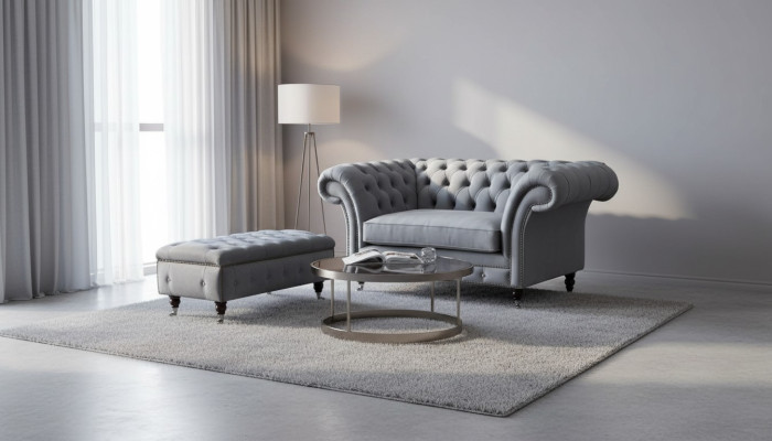 Chesterfield Wing Chair Stool Armchair Couch Upholstery Set Gray Textile Fauteuil ailes Chesterfield Tabouret Fauteuil Canapé Ensemble de rembourrage Textile gris