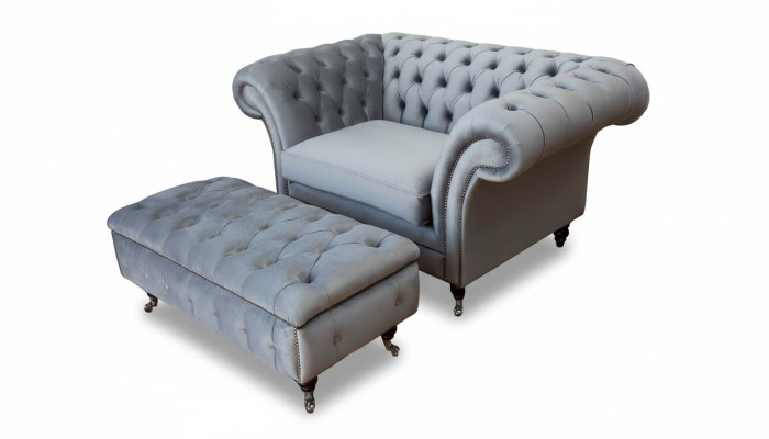 Chesterfield Wing Chair Stool Armchair Couch Upholstery Set Gray Textile Fauteuil ailes Chesterfield Tabouret Fauteuil Canapé Ensemble de rembourrage Textile gris