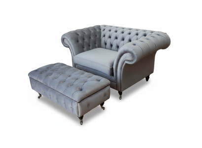 Chesterfield Wing Chair Stool Armchair Couch Upholstery Set Gray Textile Fauteuil ailes Chesterfield Tabouret Fauteuil Canapé Ensemble de rembourrage Textile gris