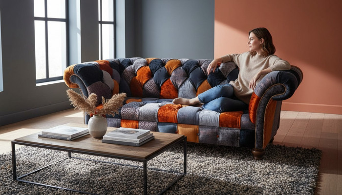 Chesterfield Canapé 3 places en velours textile de luxe Grosse assise Rembourrage en velours