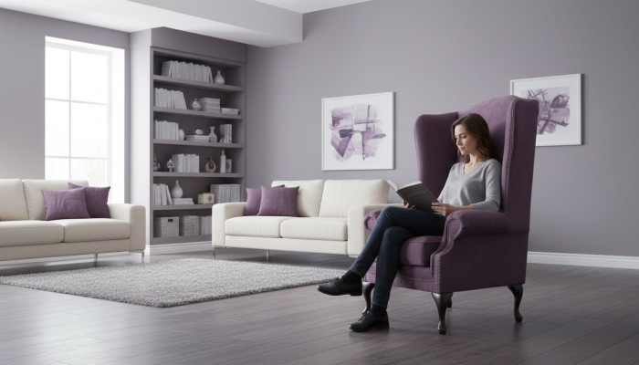 Fauteuil Chesterfield en tissu lounge club rembourré de luxe, de couleur violet, à ailes.