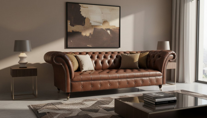 Canapé Chesterfield Trois Places Vintage Canapés grand xxl Marron Textile Cuir