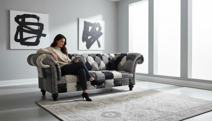 Canapé en velours luxueux au design Chesterfield avec des carreaux colorés