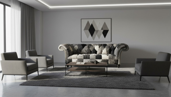 Canapé en velours luxueux au design Chesterfield avec des carreaux colorés