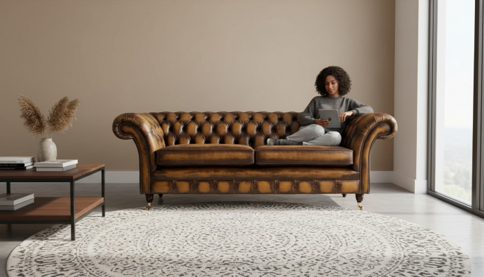 Canapé marron 3 places, design Chesterfield, assise rembourrée en cuir neuf