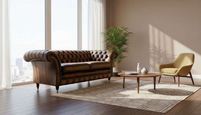 Canapé marron 3 places, design Chesterfield, assise rembourrée en cuir neuf