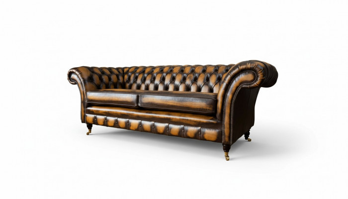 Canapé marron 3 places, design Chesterfield, assise rembourrée en cuir neuf